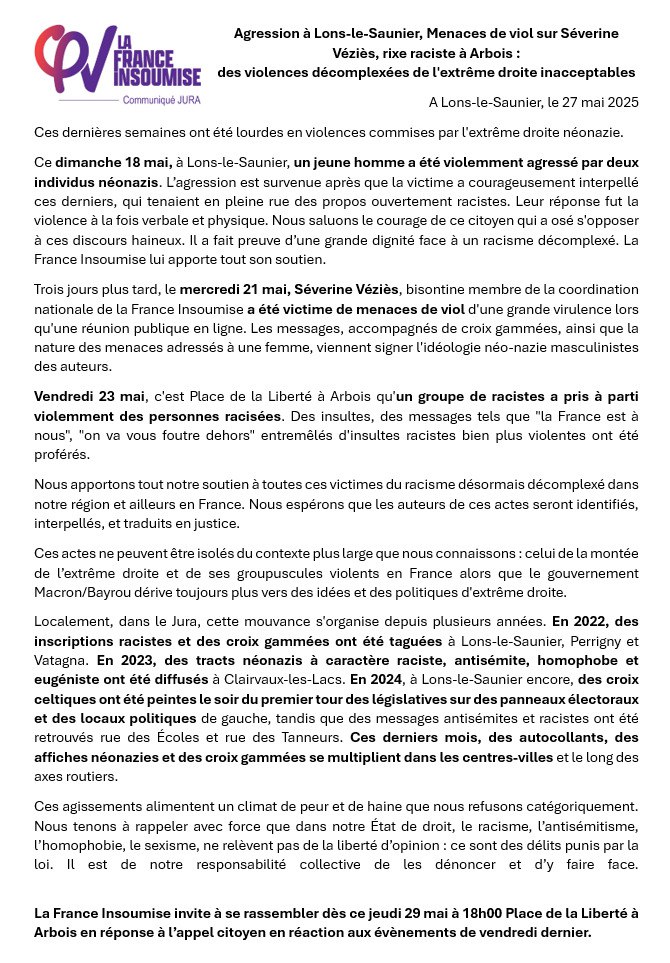 communiqué LFI Jura contre l'extrême droite